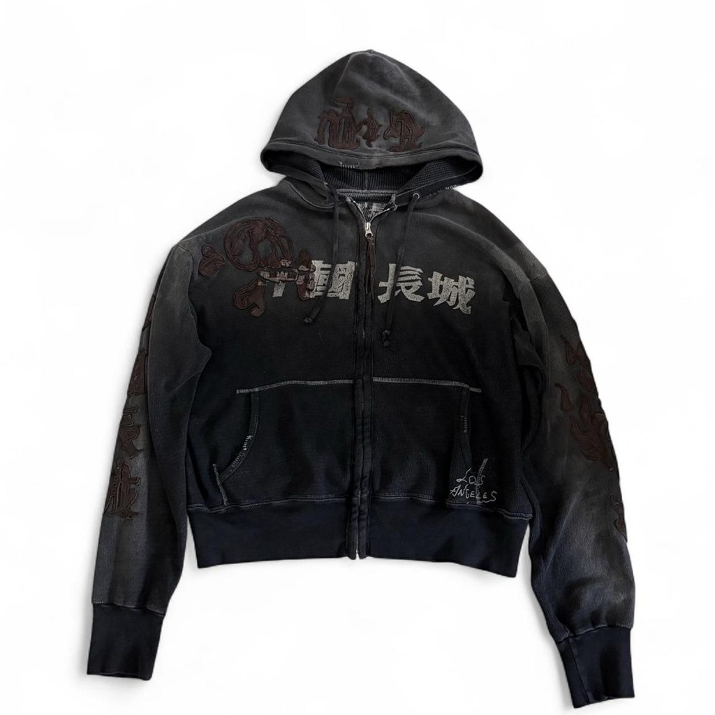 Y2k Vintage The Great China Wall Leather Skull Thermal Waffle Hoodie